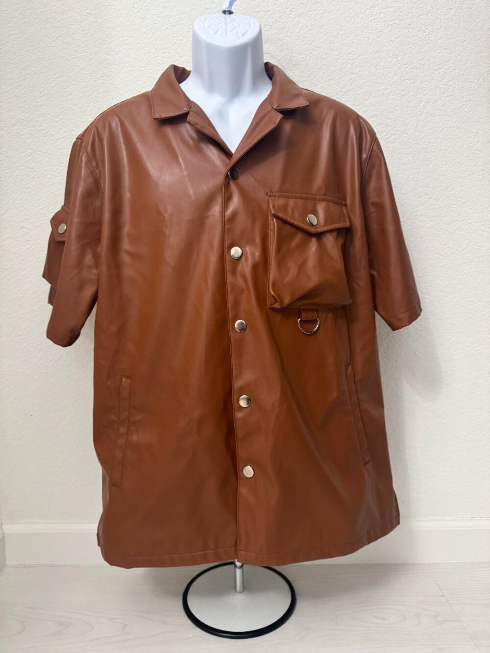 EPTM Large Brown Faux Leather Snap Button Shirt Streetwear